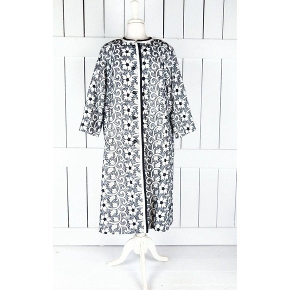 Vintage Herbert Levy black white embroidered floral coat long floral trapeze